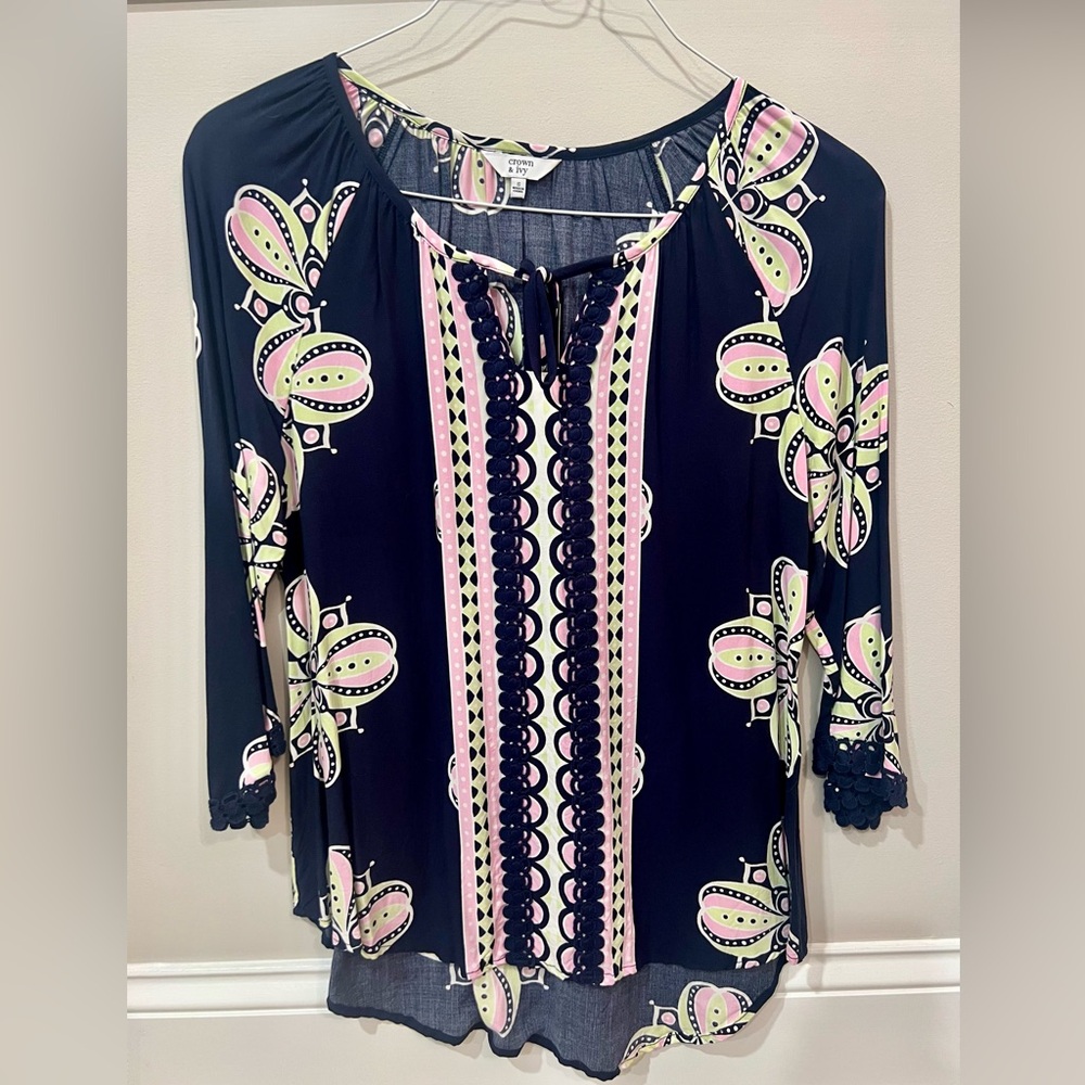 Crown & Ivy Navy and Pink Floral Blouse